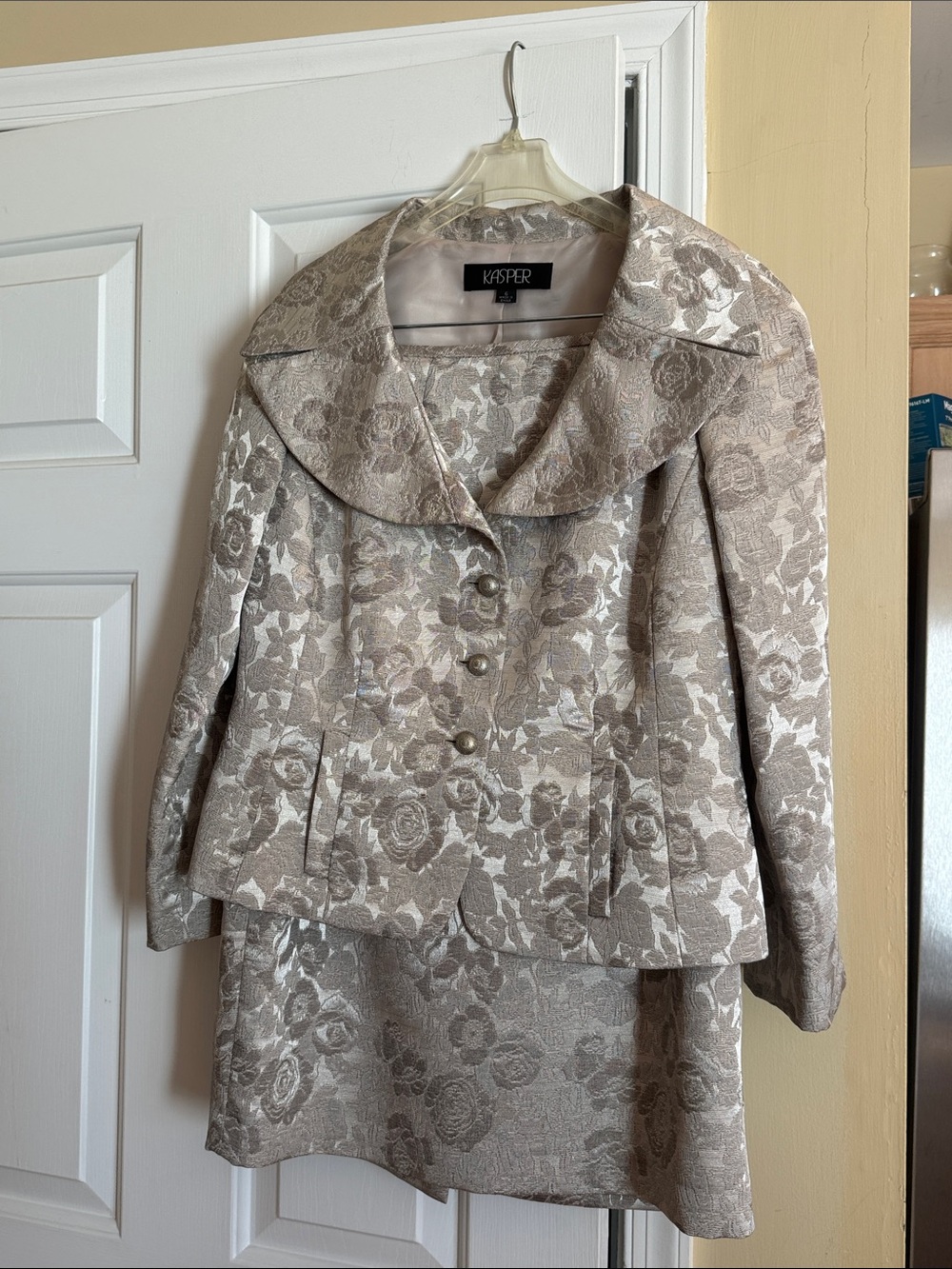 Kasper Taupe Floral Jacquard Coat and Skirt Set